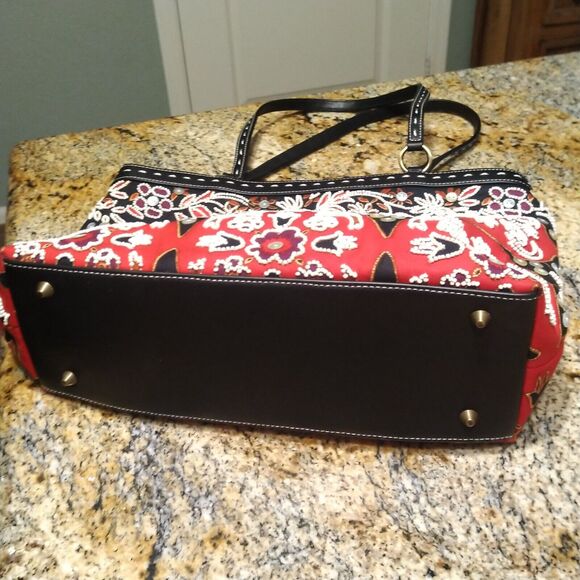 Isabella Fiori Beaded Sequined Canvas Leather Black Red Handbag Tote Bag - Picture 6 of 16